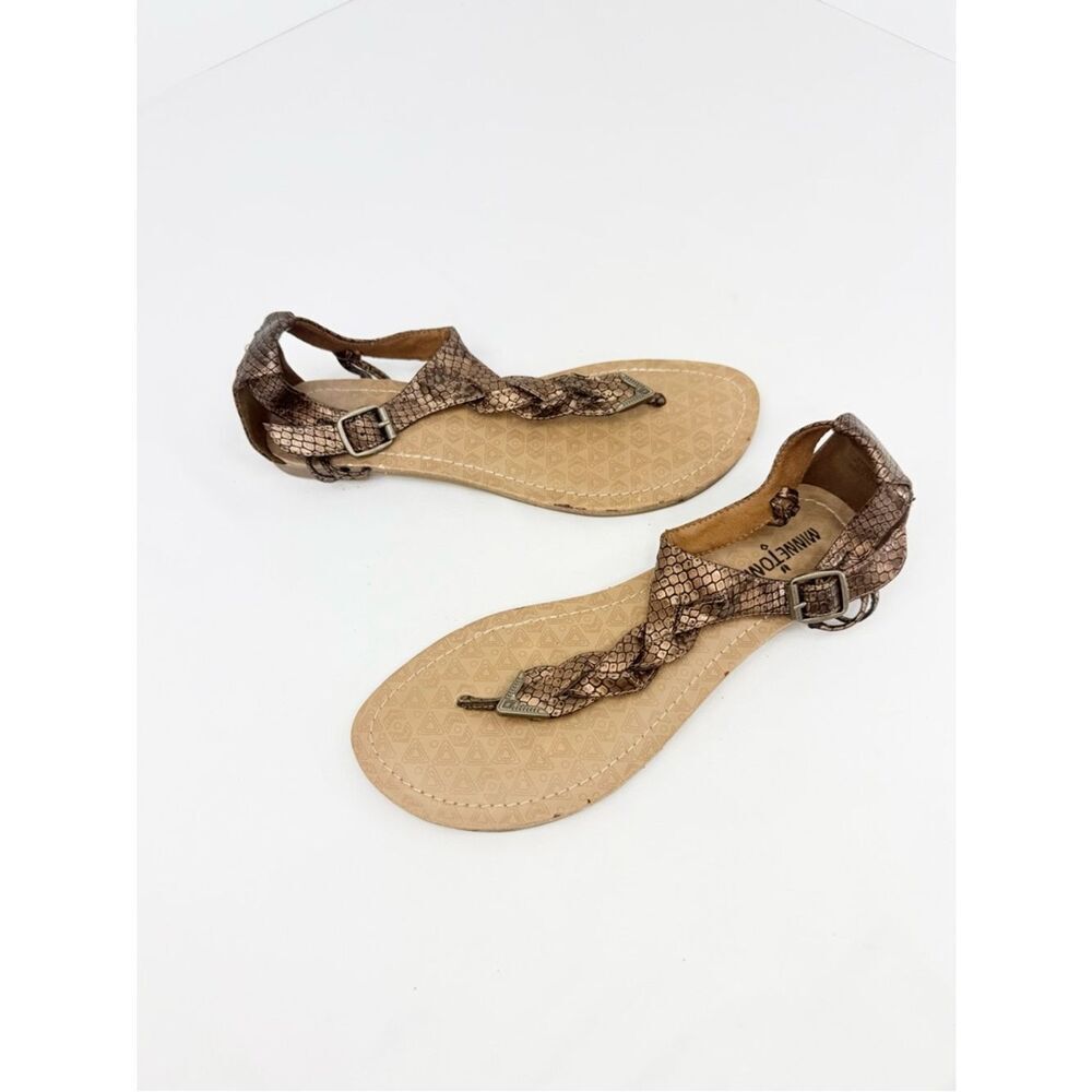 Minnetonka FIESTA Copper Metallic Reptile Thong T Strap Gladiator Flat Sandals